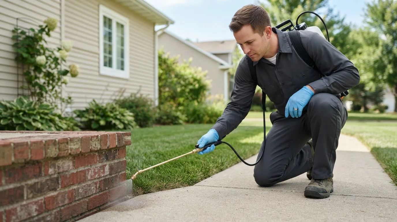 Pest control technician treating a home near Kent, PA